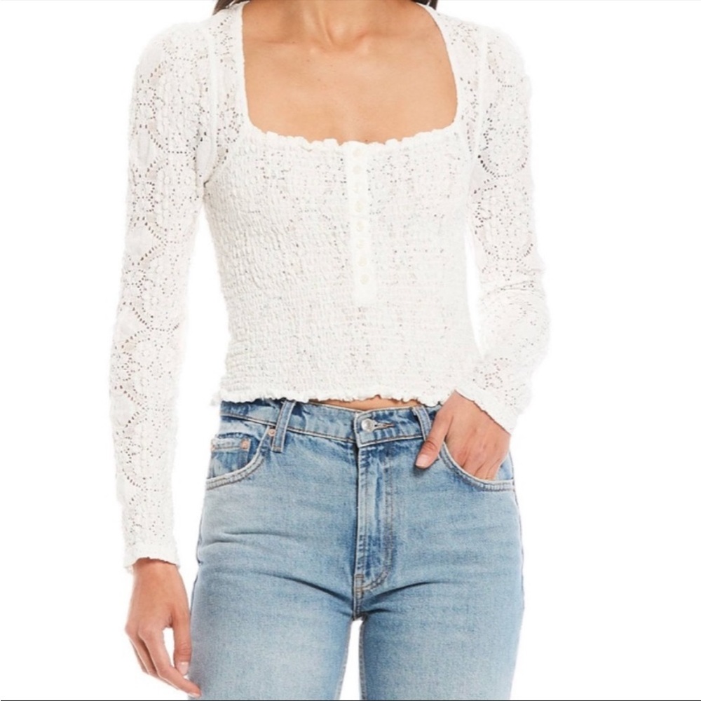Free People Smocked Lace Henley Top